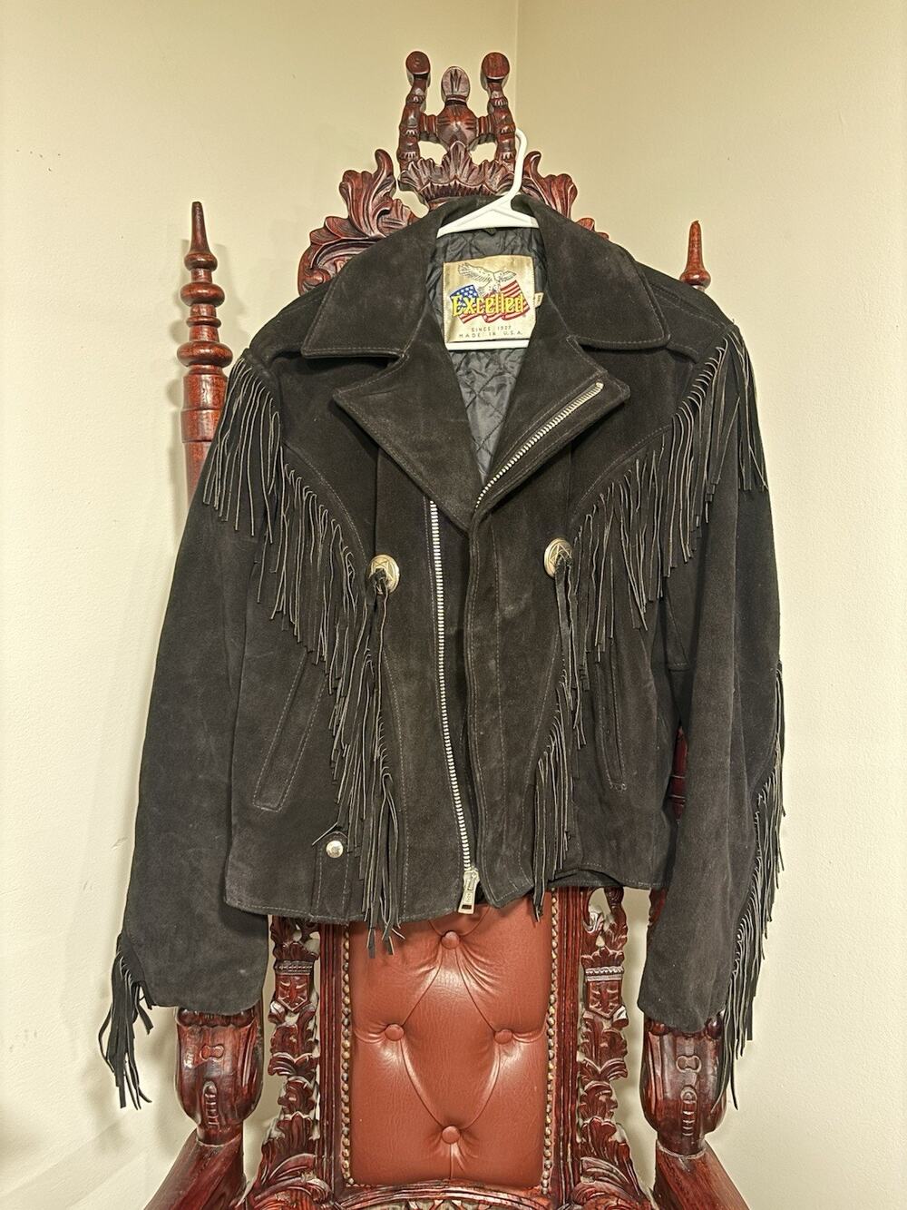 Vintage Excelled Suede Leather Cowboy Western Coat Jacket Black Tassel *Size 38*